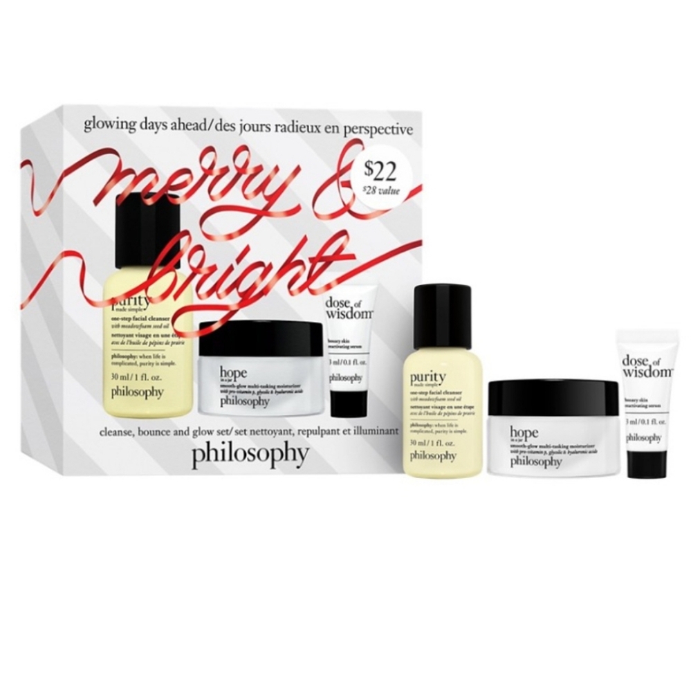 New in Box Philosophy Glowing Days Ahead Cleanse, Bounce And Glow Gift Set Trio